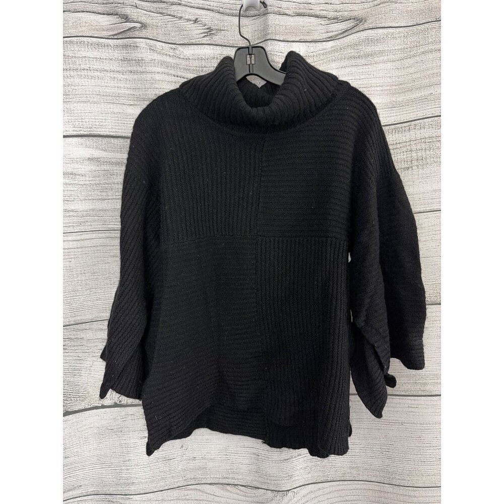 Black Wool Blend Patchwork Sweater With Bell Sleeves & Turtleneck